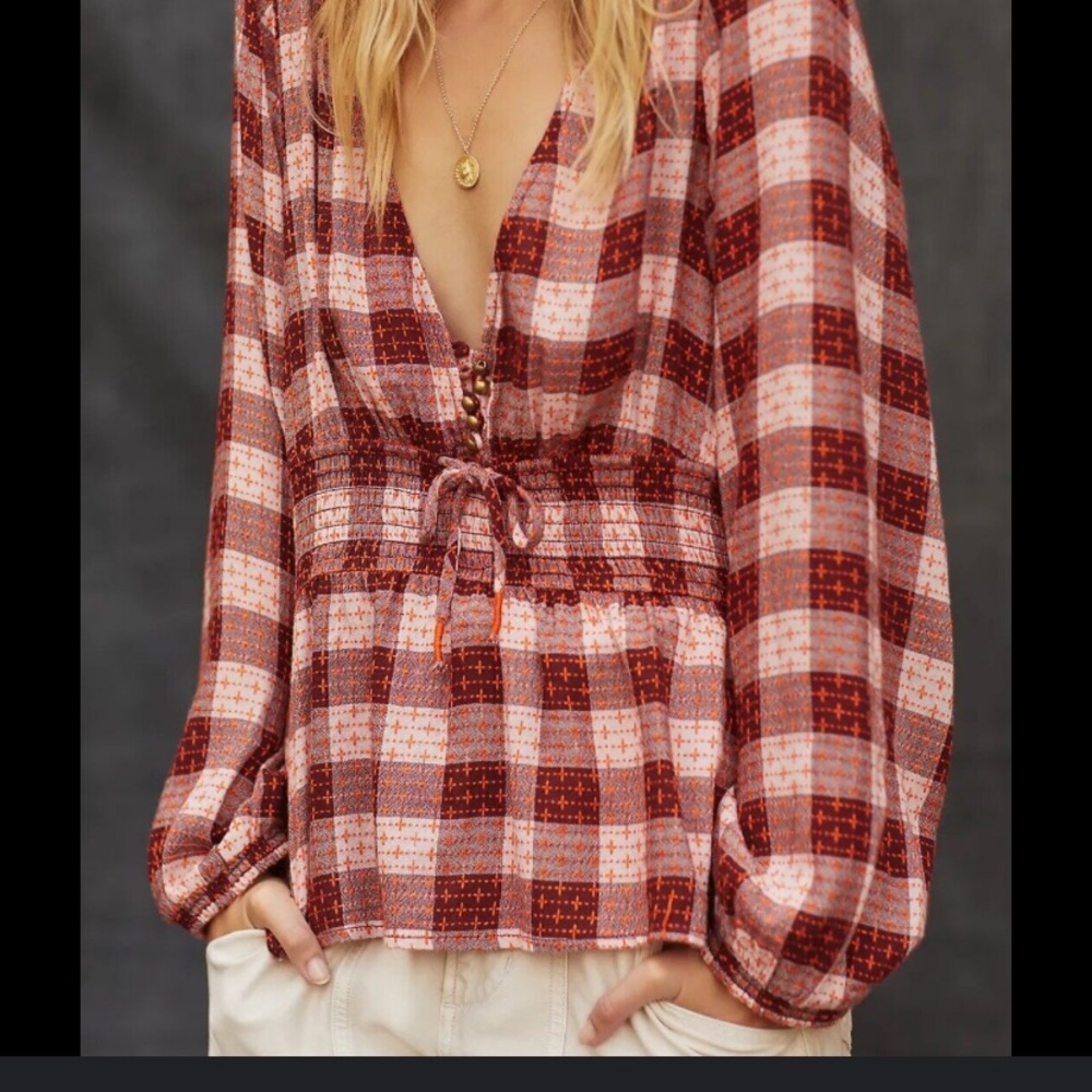 Anthropologie Pilcro red orange ivory plaid deep v-neck boho blouse Sz M